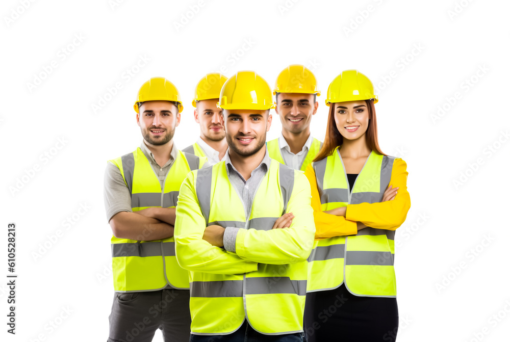 Team or group of construction workers, engineers or architects wearing hard hats and reflective vests. Building site, Isolated on white. Shallow field of view, generative AI. Not real people. Team or group of construction workers, engineers or architects wearing hard hats and reflective vests. Building site, Isolated on white. Shallow field of view, generative AI. Not real people.