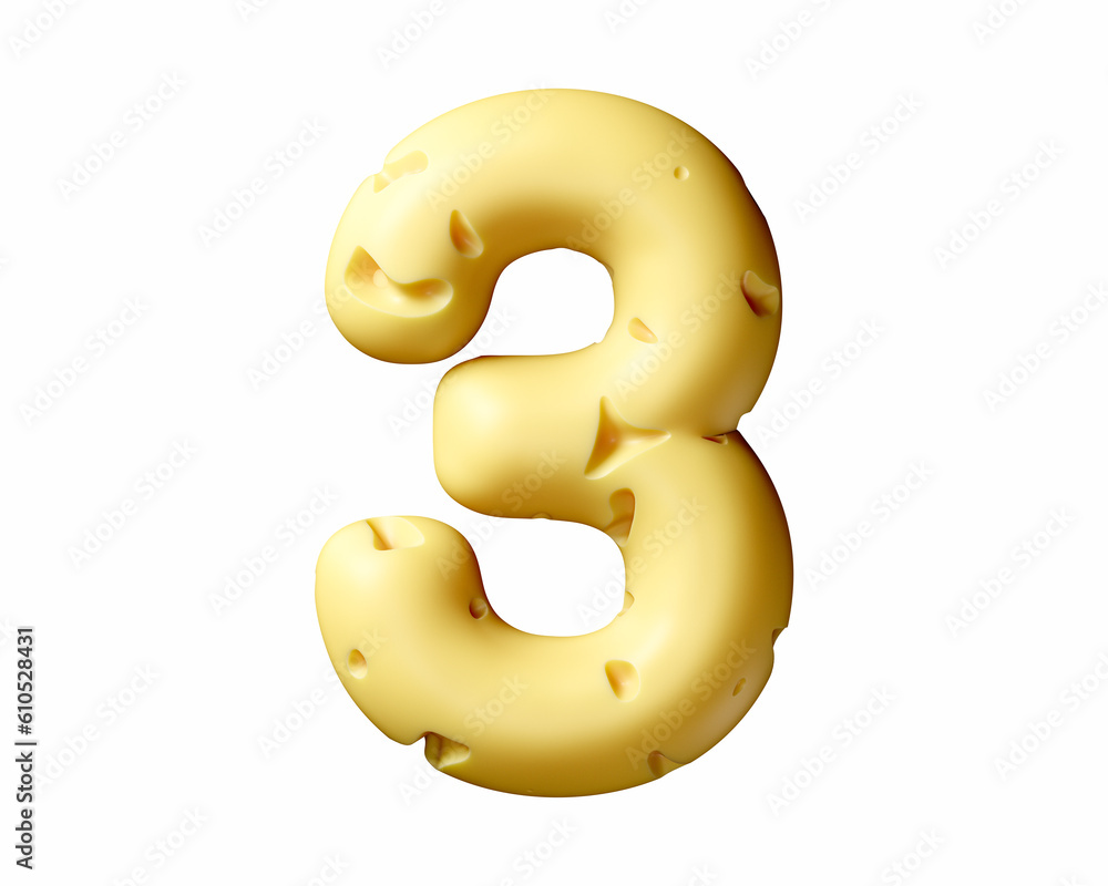 Digits made of cheese. 3d illustration of yellow alphabet isolated on white background Digits made of cheese. 3d illustration of yellow alphabet isolated on white background