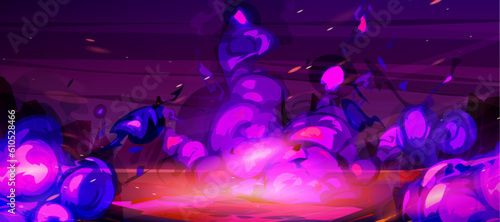Cartoon purple fire explosion game vector design. Bomb boom comic effect illustration. Dynamite explode graphic banner. Black magic witchcraft artwork. Tornado wind on planet in space dynamic concept.