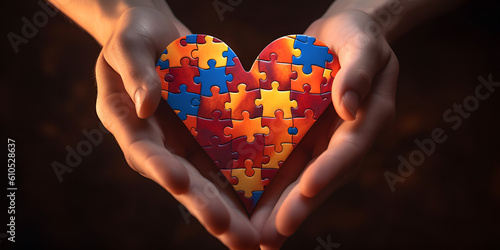 Hand Holding 3D Heart Jigsaw Puzzle Pieces photo