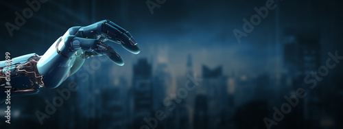 Artificial intelligence robot hand touching something on the night city background Generative ai