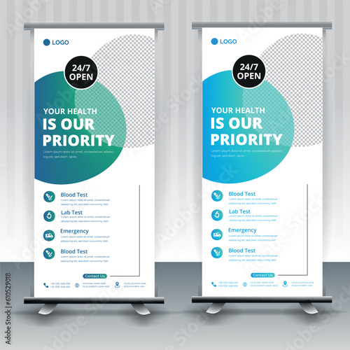 Modern healthcare and medical roll up design for hospital doctor clinic dental. standing banner template decoration for exhibition, printing, presentation, elegant layout.