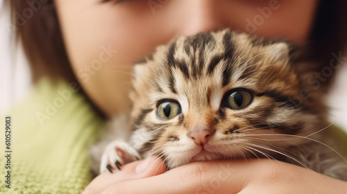 Young girl gently cradling an adorable small kitten in her hands, generative ai