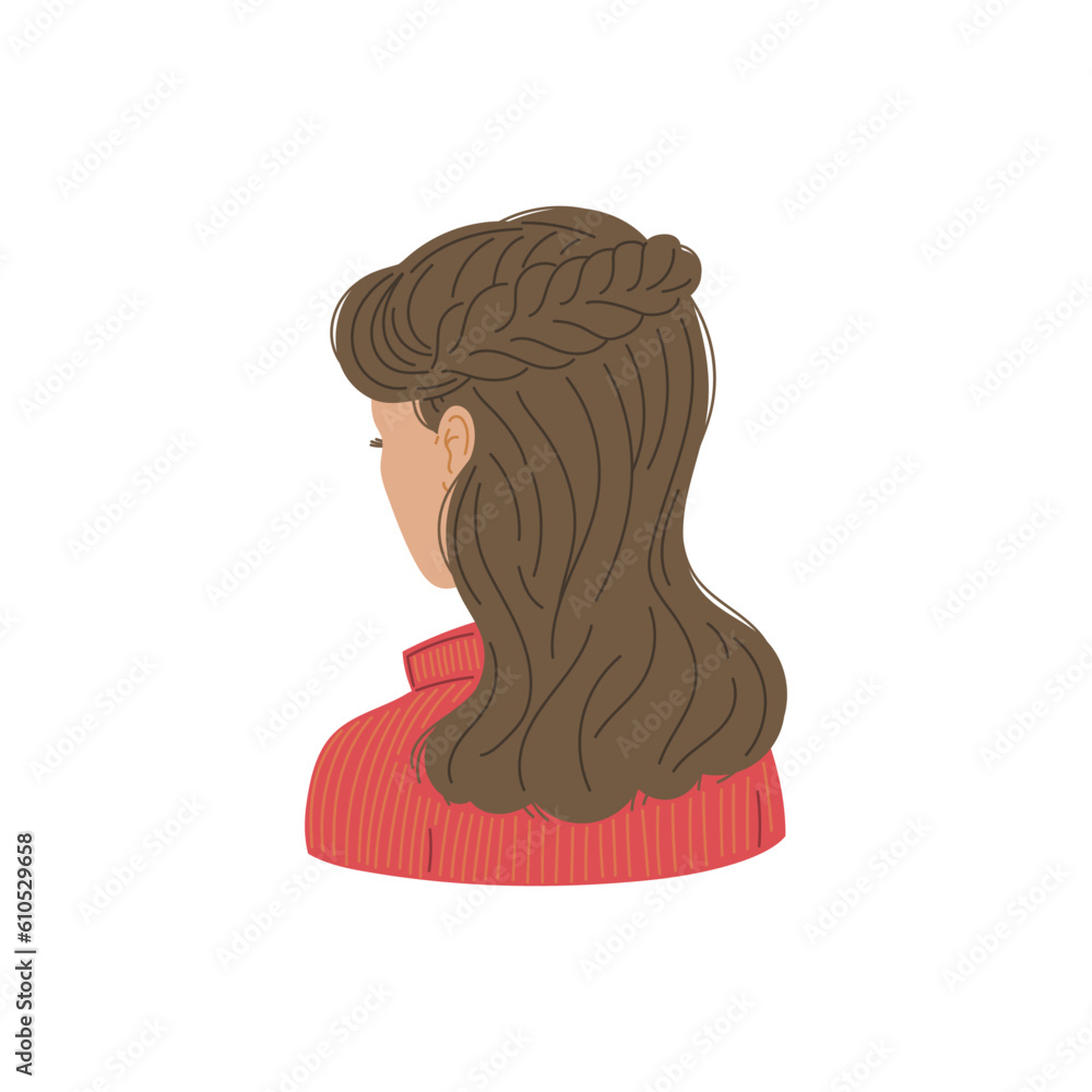 Fototapeta premium Vector isolated Illustration of vintage hairstyle of woman with brown brunette hair long flowing with a pigtail on top, back view