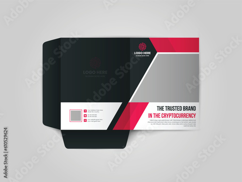 Cryptocurrency presentation folder, brochure, catalogue, layout for placement of photos and text, creative modern design of geometric elements presentation folder.