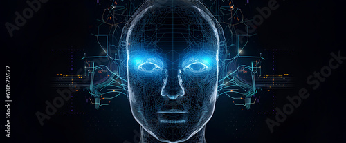 3D illustration of a neon android with a human face, with copy space. Technology background Data flow concept. AI robot face network formation. AI generated