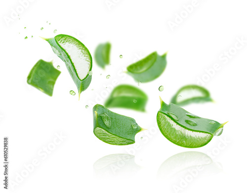 Aloe vera slices flying composition on white background. Skin care concept