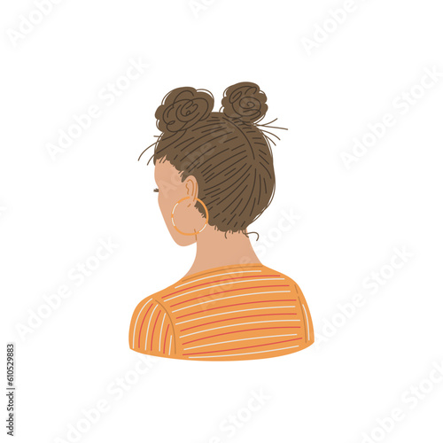 Vector isolated Illustration of pretty hairstyle of a lady with brunette, brown hair pulled up and tied in two balls, back view