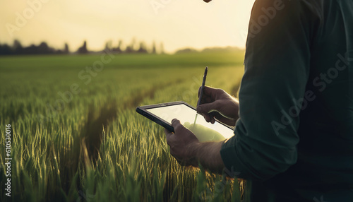 agronomist using a tablet in an agricultural field, Generative AI photo