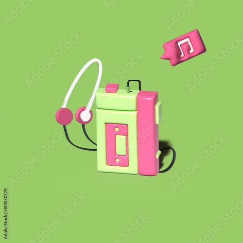3D illustration of Walkman with color pink and green.3D illustration of an old fashioned cassette player with headset