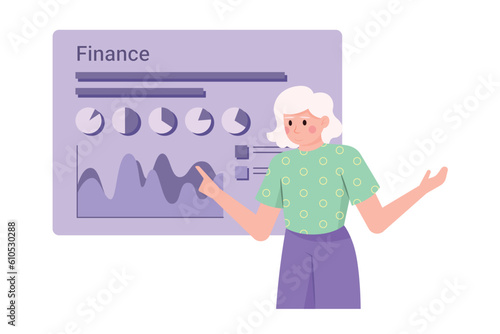 Adult woman standing near presentation with diagram and analyzing. Getting profit or high income. Economist doing budget analysis. Finance management plane. Flat vector illustration in purple colors