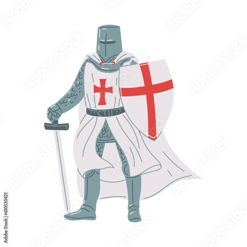 Vector illustration of medieval knight in a white cloak and wearing armor, in the hands of a sword and a shield with a red cross, isolated on white background