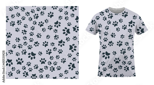 Short sleeved cotton sports t shirt decorated Pads of cat paws seamless pattern. Animal paw prints on ground. Comfortable summer clothes. Vector ornament for design of textile and fabric