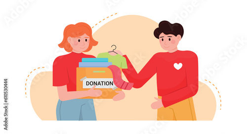 Youth doing charity work. Man and woman helping other people with humanitarian aid. Woman holding box with clothes for donation, man helping her. Flat vector illustration in red colors