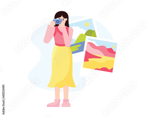 Young female holding camera and taking pictures. Visiting sightseeing during summer vacation. People dealing with outbound tourism. Vector flat illustration in pink and yellow color