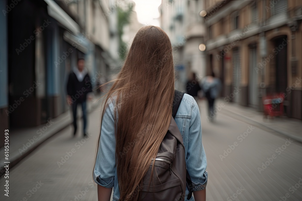 Back view of a young woman with long hair walking through the city, A teenage girl student with long flowing hair and carrying a backpack, AI Generated Back view of a young woman with long hair walking through the city, A teenage girl student with long flowing hair and carrying a backpack, AI Generated