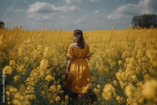 A girl in a yellow dress in a field of yellow flowers. A young girl full rear view walks in a field of mustard flowers, AI Generated