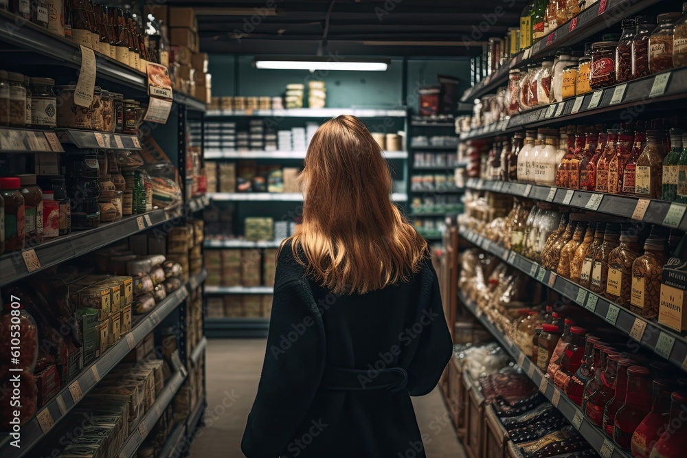 A young woman in a black coat is looking for food in a supermarket. A woman full rear view shopping in a food shop, AI Generated