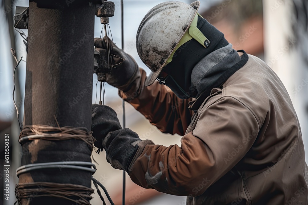 electrician in a protective mask and gloves welding on high voltage electric pole, A worker man closeup rear view repairing electrical equipment, AI Generated electrician in a protective mask and gloves welding on high voltage electric pole, A worker man closeup rear view repairing electrical equipment, AI Generated