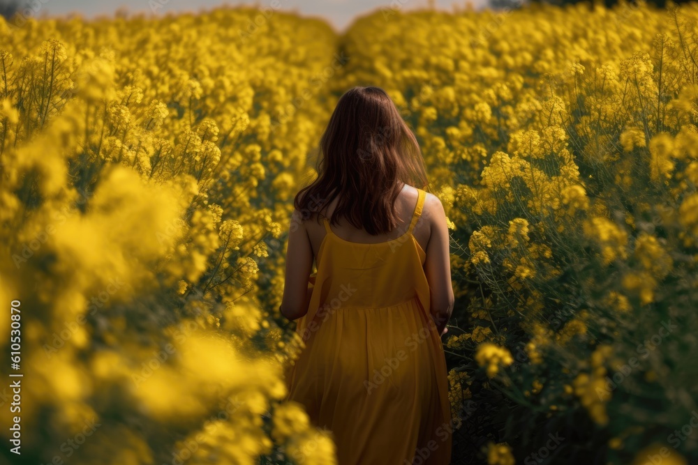 A girl in a yellow dress stands in a field of yellow flowers. A young girl full rear view walks in a field of mustard flowers, AI Generated A girl in a yellow dress stands in a field of yellow flowers. A young girl full rear view walks in a field of mustard flowers, AI Generated
