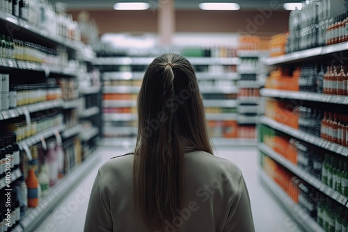 Back view of young woman looking at shelves with bottles of wine in supermarket, A rear view of a woman purchasing products in a store, holding shopping bags, AI Generated