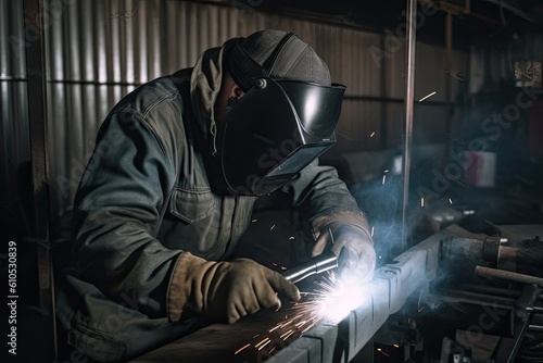 Industrial worker with protective mask welding metal in factory. Metalwork manufacturing and construction concept. A worker wearing a welding helmet welding a metal piece, AI Generated © Iftikhar alam