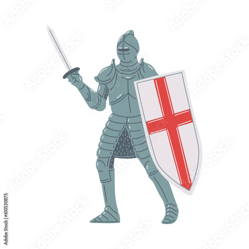 Vector illustration of medieval knight wearing armor, in the hands of a sword and a big shield with a red cross, isolated on white background