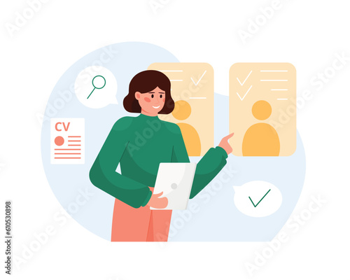 Cartoon manager selects job candidates by reviewing and approving forms. Process of searching new employee. Selecting resumes of job seekers. Flat style vector illustration