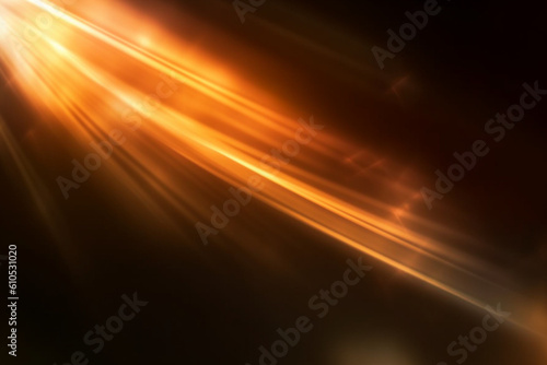 Blur light overlay, Lens flare rays, Defocused glare, Old film flash leak, BokehGolden orange color beam design glow on dark black abstract background