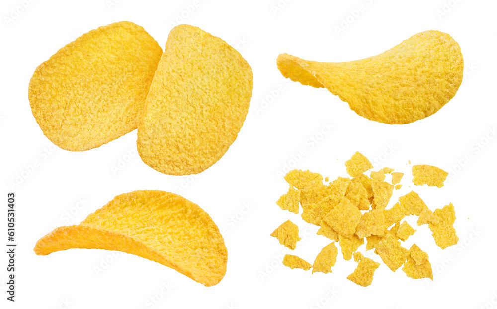 Potato chips isolated on white background with full depth of field. Potato chips isolated on white background with full depth of field.