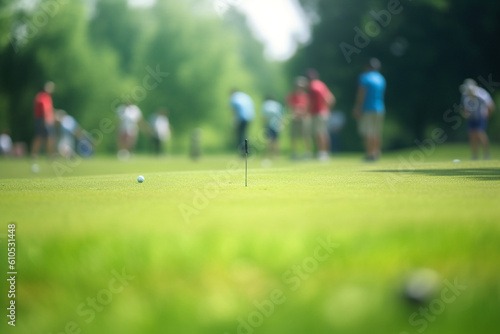 blurred people playing golf on a summer day, Golf hole in the foreground blurred figures in the background,