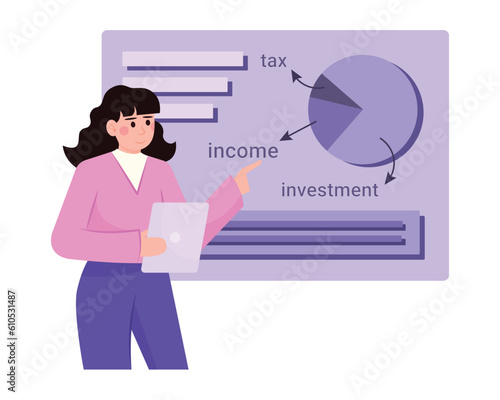 Female cartoon character holding tablet, standing near presentation and analyzing corporate budget. Getting profit or high income. Finance management plane. Vector illustration in purple colors