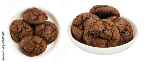 chocolate cookies in ceramic bowl isolated on white background with full depth of field. Top view. Flat lay