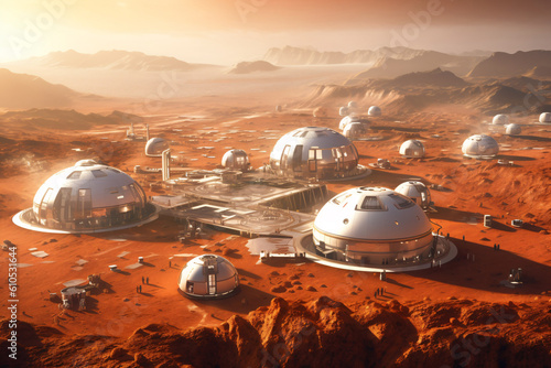 Colony of White Futuristic Buildings on Red Surface of Planet Mars, Generative AI
