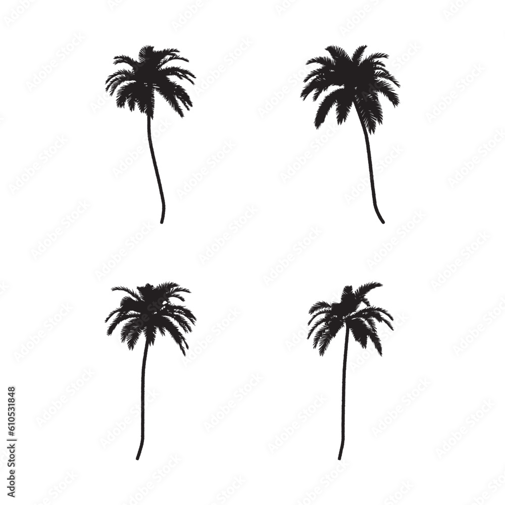 Black palm trees set isolated on white background. Palm silhouettes. Design of palm trees for posters, banners and promotional items. Vector illustration. Black palm trees set isolated on white background. Palm silhouettes. Design of palm trees for posters, banners and promotional items. Vector illustration.