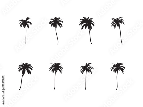 Black palm trees set isolated on white background. Palm silhouettes. Design of palm trees for posters  banners and promotional items. Vector illustration.