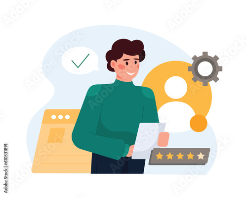 Cartoon handsome manager evaluates job applicants profiles. Process of searching new employee. Selecting resumes of job seekers. Flat style vector illustration