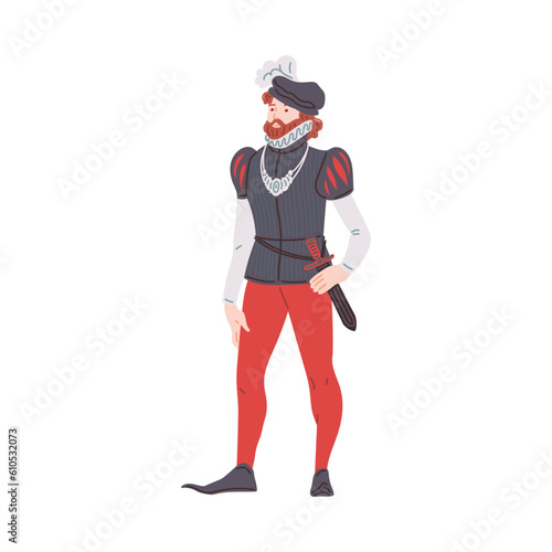 Vector isolated illustration of medieval lord, duke in red pants with knife and a headdress with feather photo