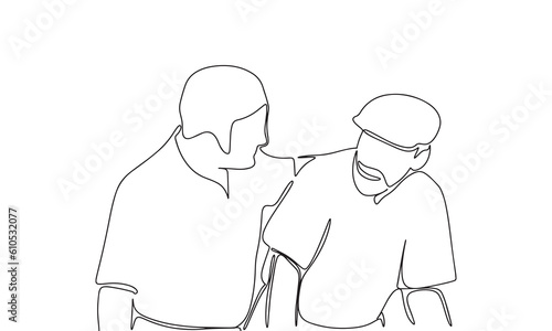 Care of senior man. One line continuous young man and senior man isolated on white background. Line art, outline, vector illustration.