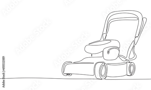 Lawn mower. One line continuous Lawn mower isolated on white background. Line art, outline, vector illustration.