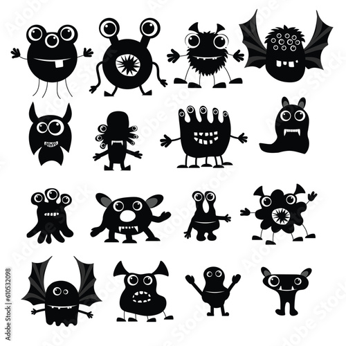 Collection of cartoon funny Halloween monsters silhouettes