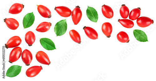 Rose hip isolated on a white background with full depth of field. Top view with copy space for your text. Flat lay.