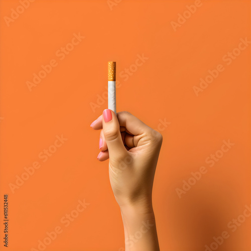 hand holding cigarette isolated on orange studio background  made with generative ai