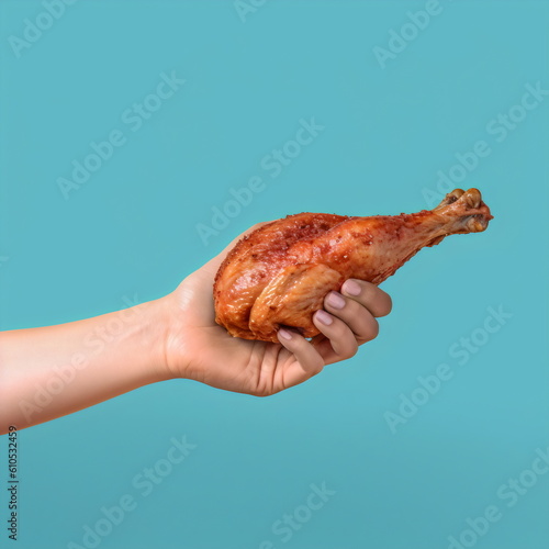 hand holding turkey drumstick isolated on blue studio background, made with generative ai