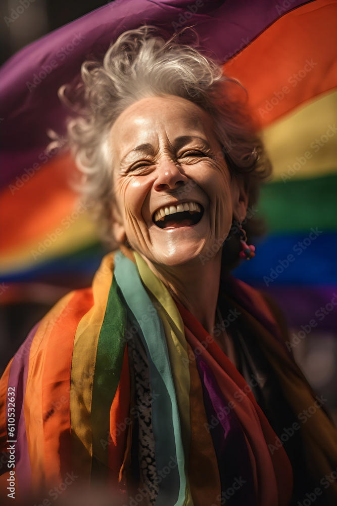 older woman wrapped in gay pride rainbow flag in sunshine, made with generative ai