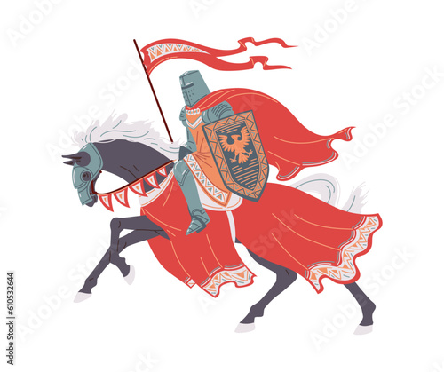 Armed knight with shield and armor riding horse, cartoon flat vector illustration isolated on white background.