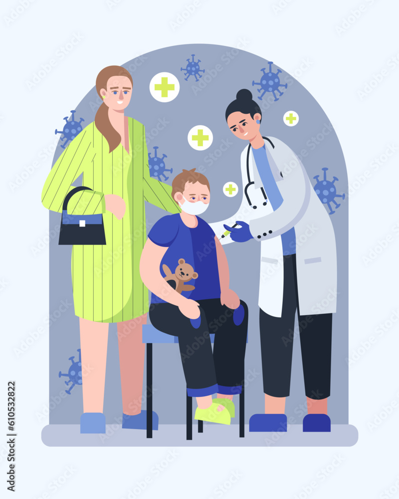 Female doctor in white protective coat standing near boy and vaccinates child in hospital. Scheduled inoculation, disease prevention and virus protection concept. Vector flat illustration