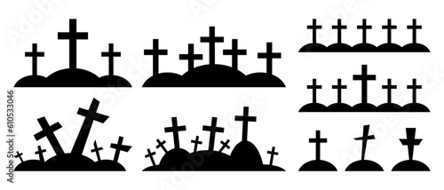 Set of cemetery black silhouettes. Graves with crosses for Halloween design. Cemetery icons. Vector illustration isolated on white background.