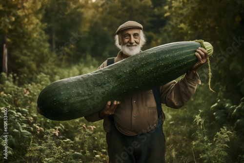 farmer proudly holding a giant zucchini, made with generative ai photo