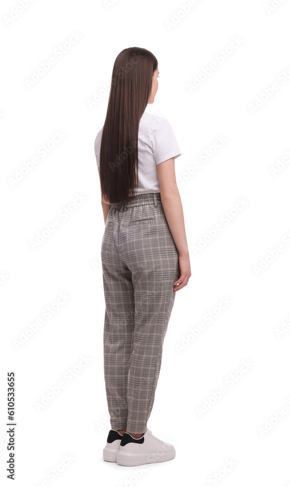 Businesswoman standing on white background, back view Businesswoman standing on white background, back view